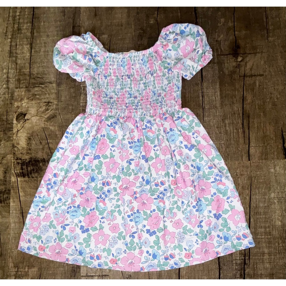 Marie Nicole Clothing Girls Floral Smocked Puff Sleeve Dress Pink Blue XL